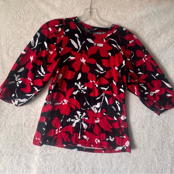 Anne Klein Vintage Y2K Floral Balloon Sleeve Stretch Jersey Knit Top BlouseTunic - Picture 7 of 16